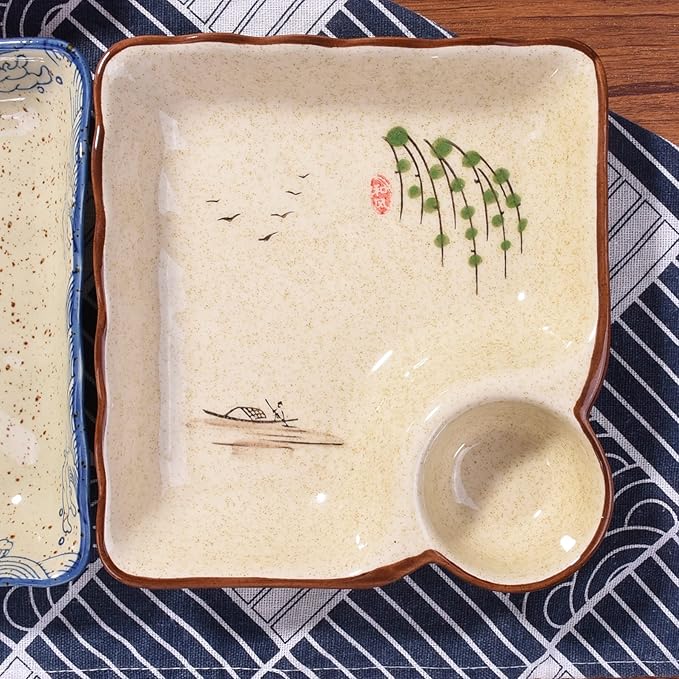 Sushi Plate Set of 2, Different Style Ceramic 7.4 Inch Dumpling Plates with Vinegar Dish Serving for Dumpling, Snack, and Other Food (japanese style yy)