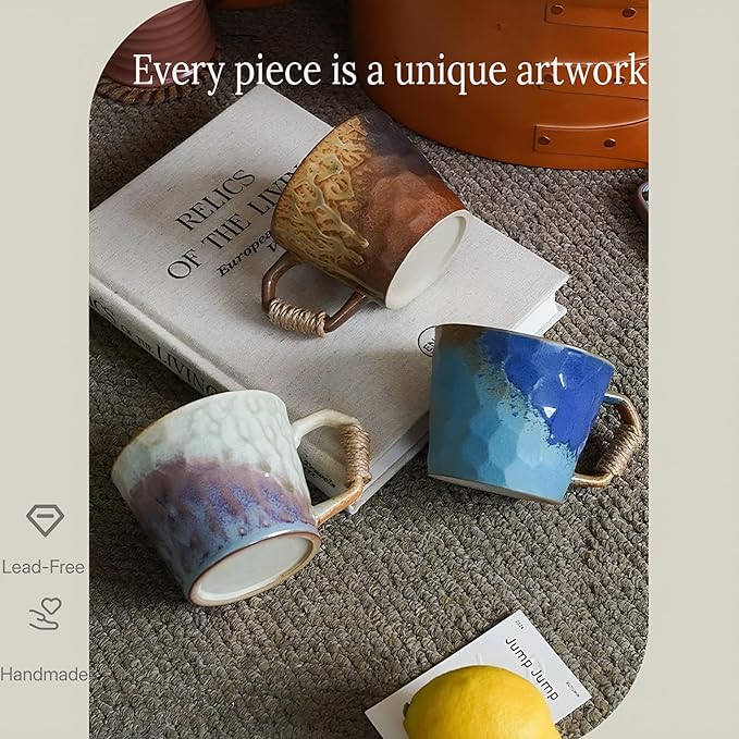 10oz Retro Vintage Japanese Style Handmade Ceramic Tea Cup with Handle, Lead-Free Reactive Glaze Artisanal Coffee Mug, Comfortable handle Handmade Pottery Tea Mug for office and home