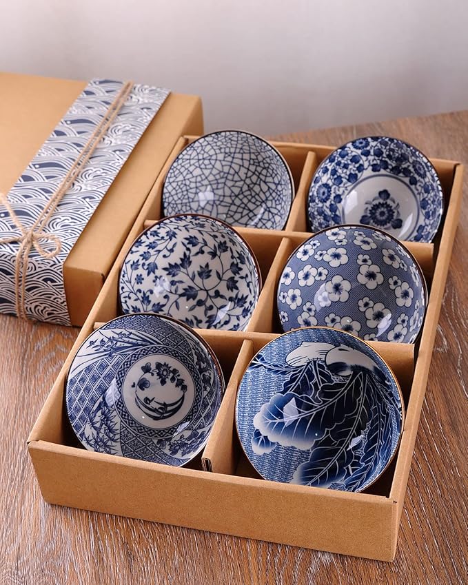 WHJY Blue and White Chinese Japanese Ceramic Rice Bowl 10 oz, Sakura Bowl Gift Set, Serving Bowls Dinnerware Bowls for Rice, Cereal, Noodle, Soup, Desserts, Set of 6