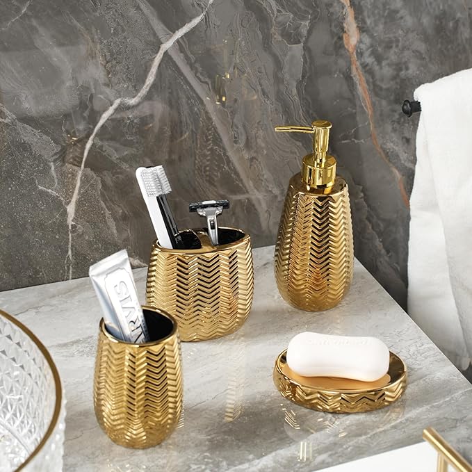 Bathroom Accessories Set 4 Pcs, Gold Ceramic Bathroom Accessories Complete with Soap Dispenser, Toothbrush Holder, Bathroom Tumbler, and Soap Dish - Modern Bathroom Decor