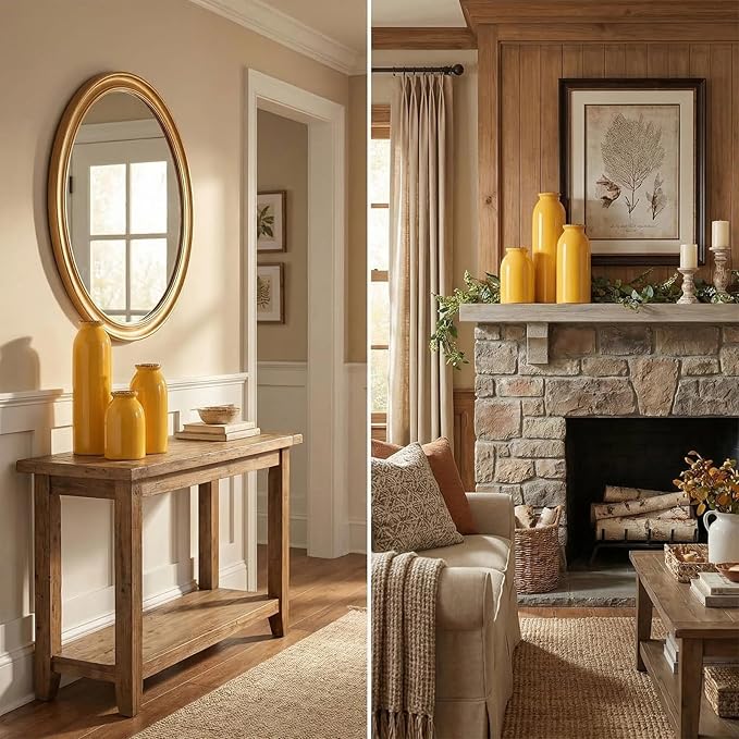 CWLWGO-Ceramic Yellow Vase Set of 3, Decorative Vases for Modern Farmhouse Decoration, Living Room Accents & Dining Table Centerpieces, Idea Bookshelf Mantel and Entrance Decor.
