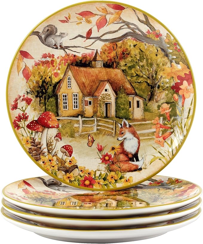 Woodland Critters 11" Ceramic Dinner Plates, Set of 4 – Whimsical Forest Animal and Cottage Scene – Nature-Inspired Tableware for Fall, Kids Parties, Holiday Meals, Gifting, and Rustic Décor