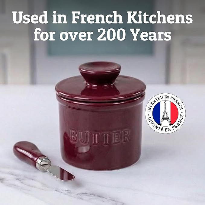PriorityChef Butter Crock with Lid with Water Line,Ceramic French Butter Dish to Leave On Counter, Maroon