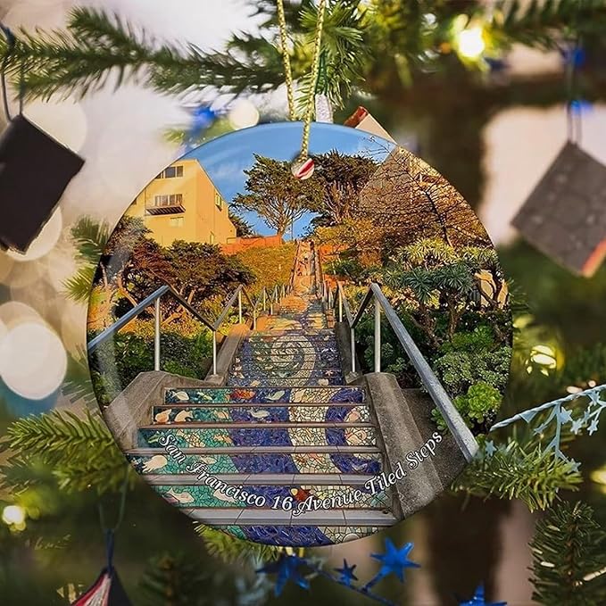 California San Francisco 16 Avenue Tiled Steps USA America Christmas Ornaments for Tree Ceramic Pendant Double Sided Ornament Decor Xmas Gifts Porcelain Hanging Travel Souvenirs Birthday Gift for Son