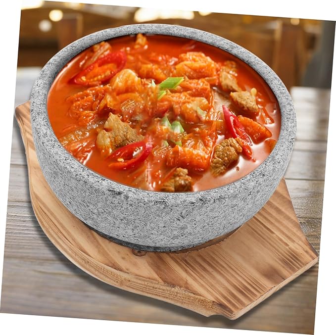 ABOOFAN Large Korean Stone Pot Bowl Deep Bibimbap Bowl Korean Style Serving Natural Stone Carbonized Wood Trivet