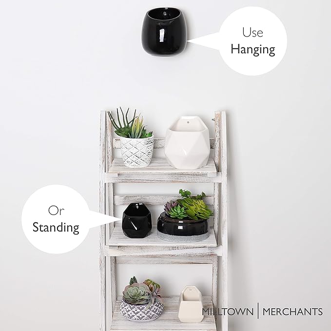Milltown Merchants Succulent Wall Planters - Wall Vases - White Ceramic Wall Mounted Planters - Succulent Plant Pots - Hanging Vases for Living Wall (2 Pack/Modern/Black)