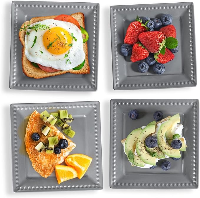 Embossed Appetizer and Dessert Plates, Set of 4, 6 inch Grey Square Dinner Plates for Snack and Restaurant, Dishwasher, Microwave Safe