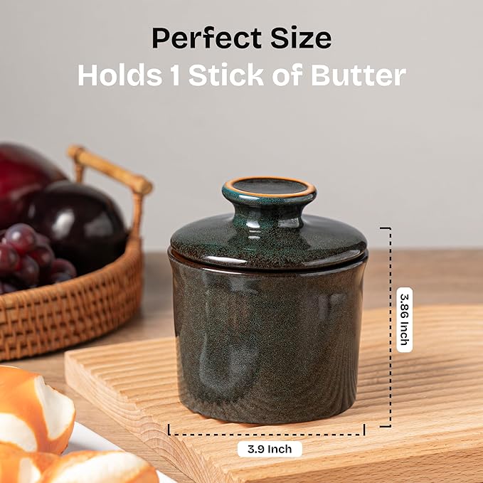Pottery Butter Crock with Lid, Ceramic Butter Dish with Water Line, Countertop Butter Keeper, Butter Holder for Countertop, Greenish Brown