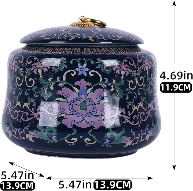 Handmade Chinoiserie Enamel Ginger Jar with Lid,Decorative Storage Jar for Loose Tea,Nuts & Snacks,Ceramic Vase Style Home Decor Canister,Colorful Jar for Kitchen,Living Room (Blue Jar)