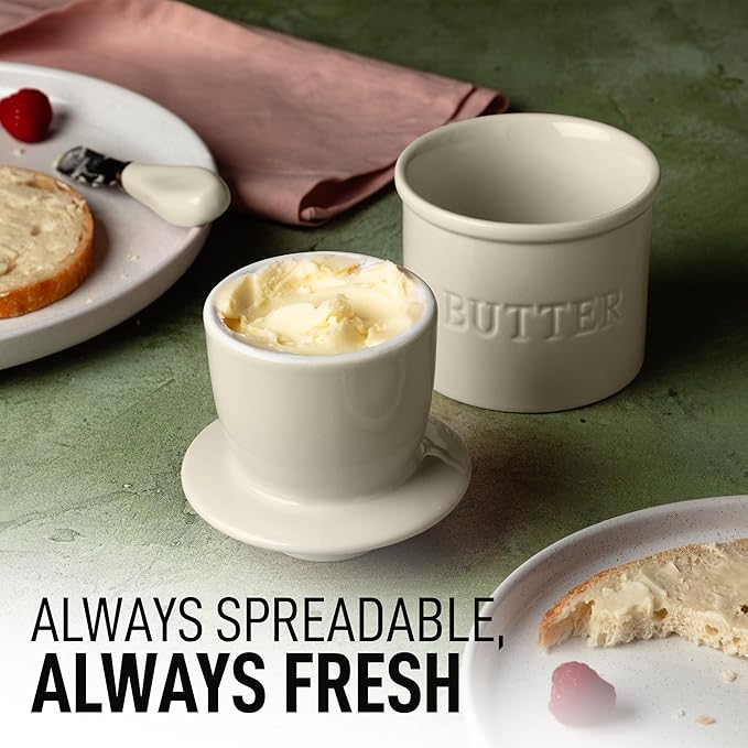 Zulay Kitchen Bell Shaped Butter Crock with Lid for Countertop with Water Line & Spreader Knife, Ceramic French Butter Dish Keeper For Fresh, Soft & Spreadable Butter - Ivory