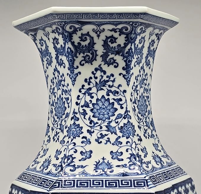 24" Classic Blue and White Hexagonal Lotus Porcelain Vase, Ceramic Vase Jingdezhen, China Qing Style （D8）