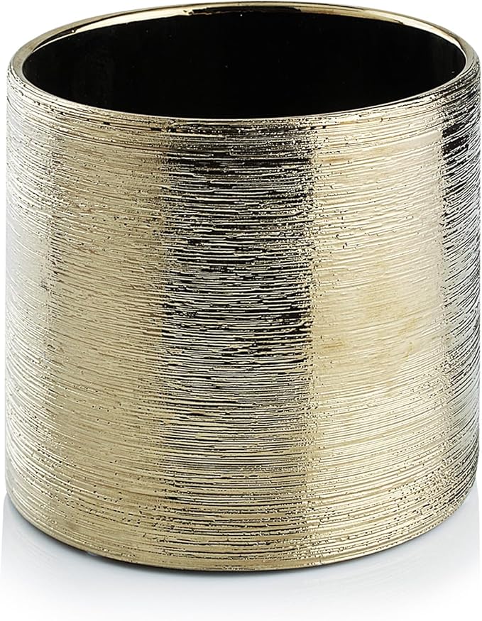 WGVI Gold Etched Ceramic Cylinder Vase Width 5.5" Height 5", Flower Arrangements, Candle Holder, Terrarium Planter Pot, Storage Container Organizer, Pen Brush Holder, Scratched Texture Design, 12 Pc