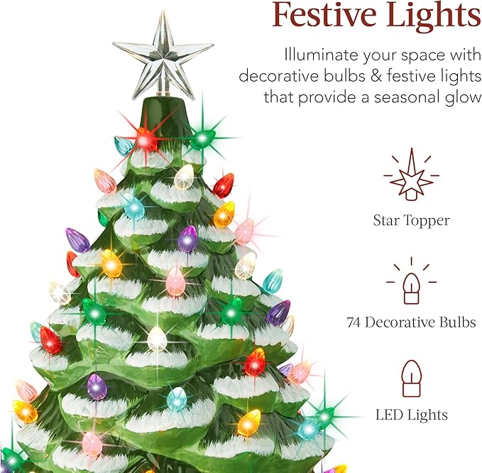 Best Choice Product 24in Extra Large Ceramic Christmas Tree, Pre-Lit Hand-Painted Tabletop XL Indoor Holiday Tree, 74 Multocolor Bulbs, LED Lights - Flocked/Green