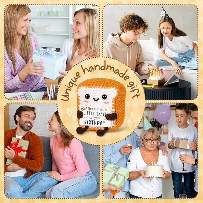Positive Birthday Gifts for Women Men—A Little Toast to You, Cute Handmade Crochet Toast Decor with Bday Card, Birthday Gifts for Her Him Best Friend Mom Dad Sister—2.76x2.17x3.35 in
