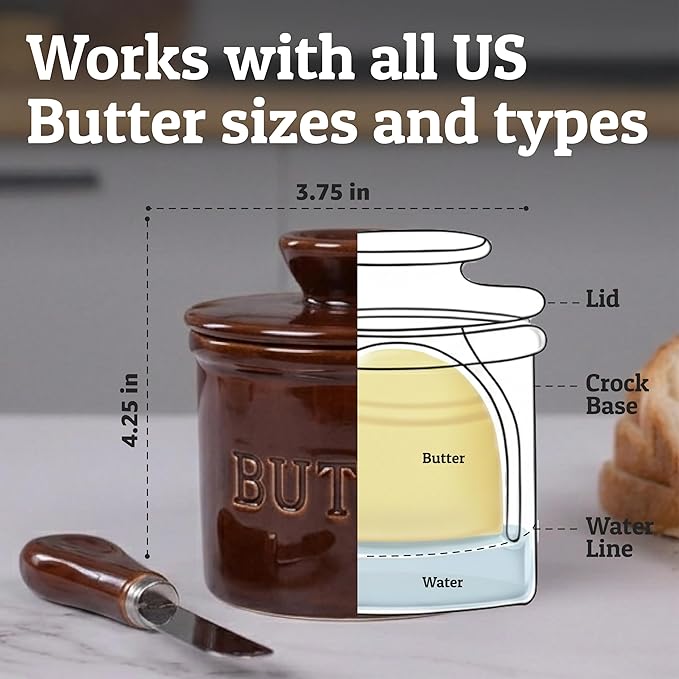 PriorityChef Butter Crock with Lid with Water Line,Ceramic French Butter Dish to Leave On Counter, Chocolate Brown