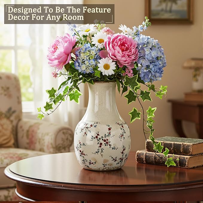 LemonRoad Vintage Ceramic Flower Vase 5.7 Inch Chinoiserie Ice Cracked Glaze Porcelain Vase Rustic Ceramic Large Centerpieces for Home Table Living Room Bookshelf Office(Rose Style)