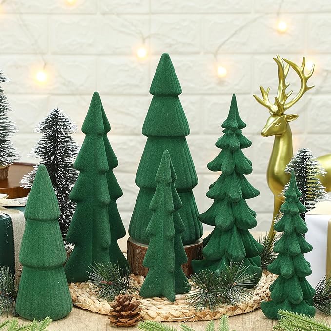 Wesiti 6 Pcs Velvet Ceramic Christmas Trees Figurines 9.84''7.49'' Large Modern Velvet Cones Tabletop Christmas Tree Figurine Green Centerpieces Table for Xmas Holiday Fireplace Farmhouse Decor