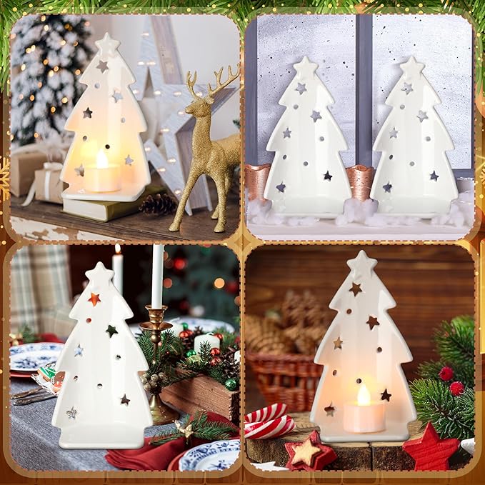 Yungyan 2 Pcs Christmas Tree Candle Holder Ceramics Christmas Tealight Holders Votive Candlestick White Xmas Tree Silhouette for Tea Light Taper Candles Table Centerpiece Home Mantel Fireplace Decor