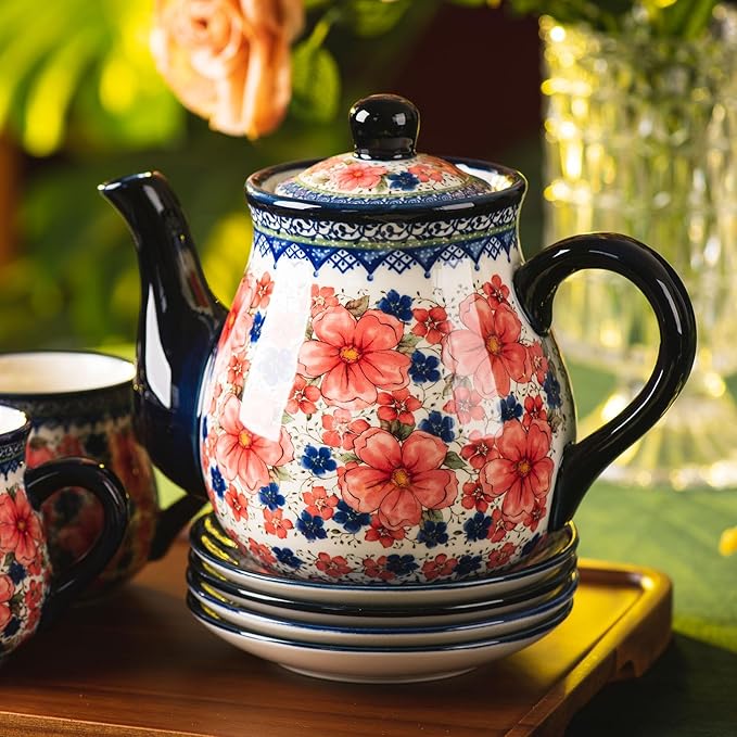 polish pottery style porcelain ceramic 10 piece Tea set,7.2oz tea cup and sauce set of 4,28.2oz teapot and 1wooden tray (Snow and Plum)