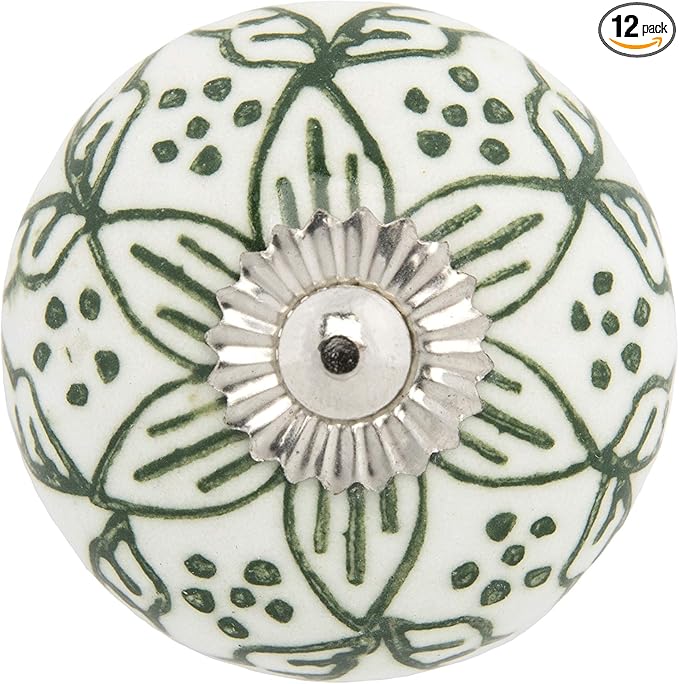 Ceramic Knobs Set of 12 - “Chambal Gardens” Furniture Knobs w/ Reversible Metal Knob Backplate - Handmade Cabinet Handles for Kitchen or Wardrobe - Decorative Knob for Cabinets and Drawers