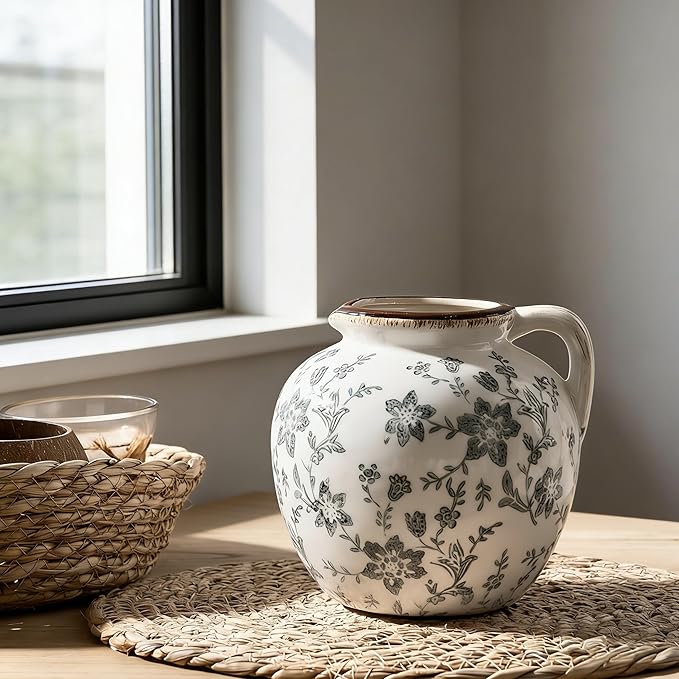 5.39 Inch Vintage Gray Chinoiserie Floral Vase, Antique Rustic Ceramic Vase for Home Decor, Living Room, Bookshelf, Office, Entryway, Garden, Chinoiserie Decor, Tuscan Decor