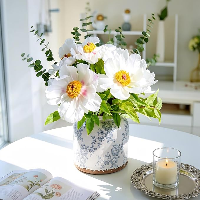 Blue Camellia Chinoiserie Vase, 6.2” Crackled White Ceramic Vase with Antique Distressed Edges, Hand-Painted Vintage Floral Vase for Home Decor, Farmhouse Table Centerpiece (Blue, 6.2")