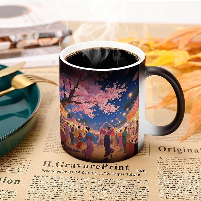 Asian Cherry Blossom Mug Heat Sensitive Color Changing Cups 11 Oz Ceramic Discoloration Mugs Funny Camper Mugs Creative Magic Mug Modern Coffee Cup Novelty Water Cup for Men Women