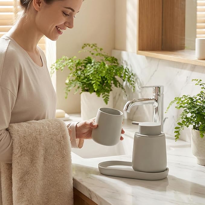 BosilunLife Bathroom Accessories Set 3 pcs - Bathroom Ceramic Foaming Soap Dispenser Set Farmhouse Bathroom Decor, Foam Soap Dispenser and Toothbrush Holder with Tray, Light Grey