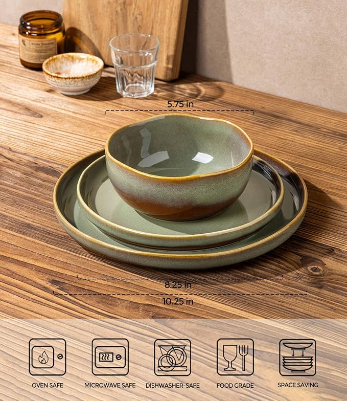 TheTerra Ceramic Dinnerware Sets for 6, 18 Pieces Handmade Reactive Glaze Plates and Bowls Sets, Scratch Resistant Dish Set, Oven & Microwave & Dishwasher Safe, Brown Green