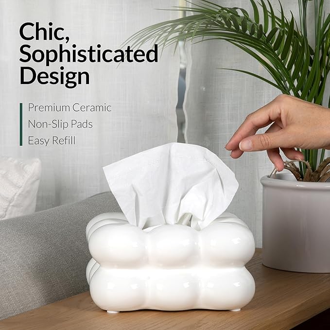 Decorative Ceramic Tissue Paper Holder Box, Novelty, Modern Design, for Bathroom Vanity, Living Room, Bedroom Dresser, Night Stand, Kitchen Countertop, Office Desk, Home Decor, White