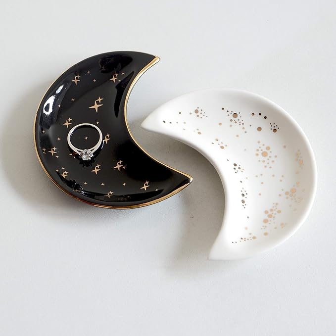 Small Moon Jewelry Dish Tray, Decorative Ceramic Trinket Dish, Modern Accent Tray for Vanity, White