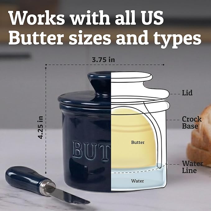 PriorityChef Butter Crock with Lid with Water Line,Ceramic French Butter Dish to Leave On Counter, Dark Navy