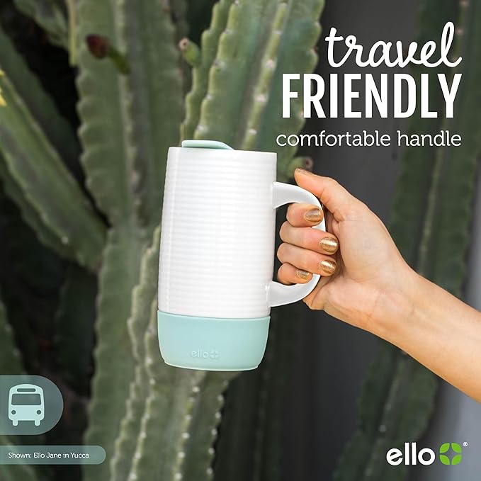 Ello Jane 18oz Ceramic Travel Mug with Handle,Splash-Resistant Slider Lid and Built-in Coaster,Perfect for Coffee and Tea,BPA Free,Dishwasher Safe,Holiday Gift Her Him,Yucca,(Pack of 12)