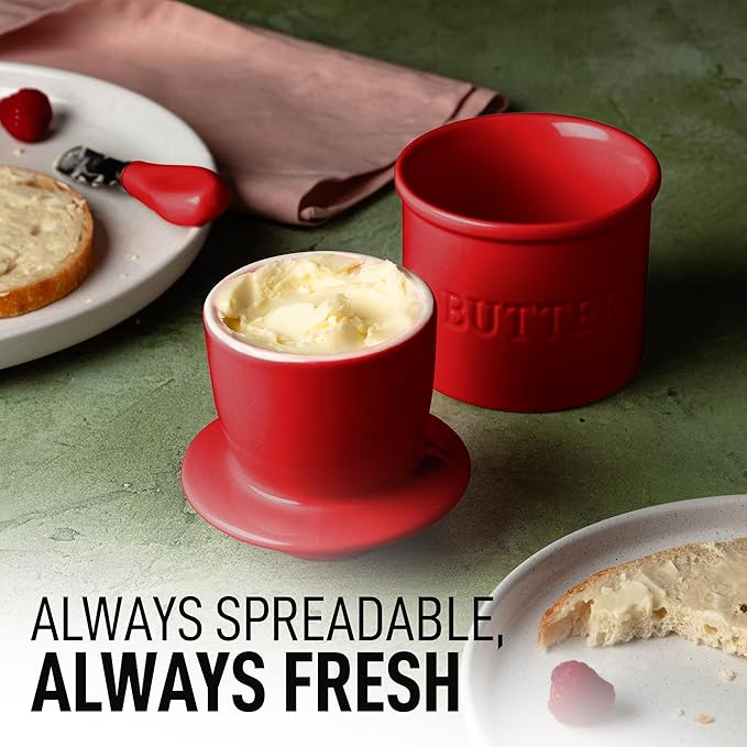 Zulay Kitchen Bell Shaped Butter Crock with Lid for Countertop with Water Line & Spreader Knife, Ceramic French Butter Dish Keeper For Fresh, Soft & Spreadable Butter - Red
