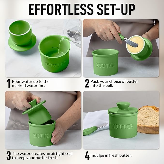 Zulay Kitchen Bell Shaped Butter Crock with Lid for Countertop with Water Line & Spreader Knife, Ceramic French Butter Dish Keeper For Fresh, Soft & Spreadable Butter - Green
