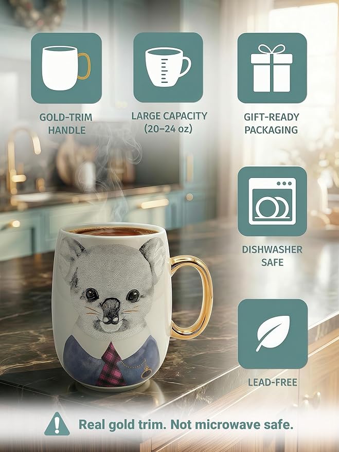 Large 24oz Ceramic Coffee Mug with Gold-Trim Handle, Oversized Porcelain Mug for Coffee, Tea & Hot Chocolate, Hand-Painted Artisan Style, Lead-Free, Gift-Ready Box, Hand Wash Only, Not Microwave Safe