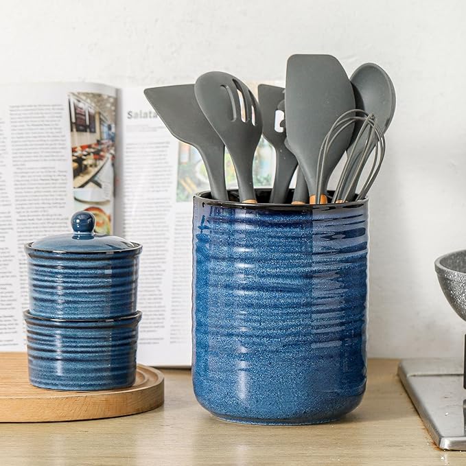 HASENSE Kitchen Utensil Holder, 7.4" x 6.2" Ceramic Utensil Holder for Countertop, Stable Cooking Utensil Organizer Crock for Spatula, Modern Kitchen Decor, Blue