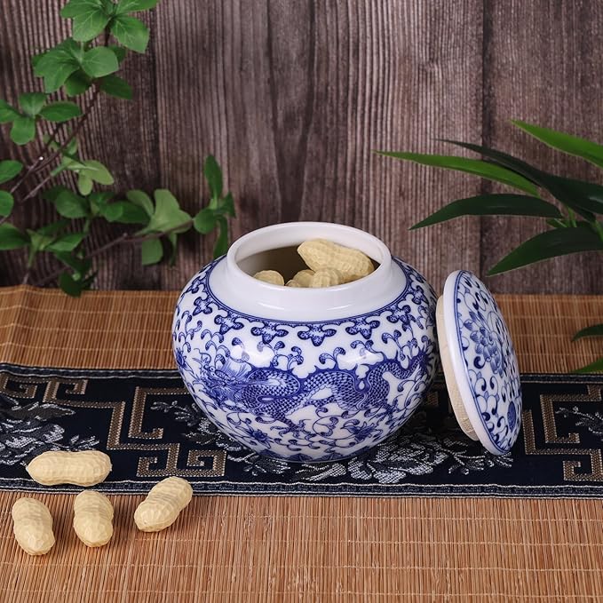 Traditional Chinoiserie Round Ginger Jars Blue and White Porcelain Series Ceramic Storage Jars with Sealed Lids,for Home/Kitchen/Dining Table Decoration (Oriental Dragon Jar)