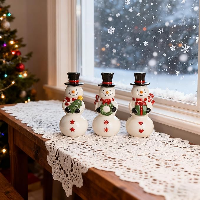 NEROSUN Christmas Snowman Figurines, Set of 3 Ceramic Cute Snowman Ornaments Christmas Decorations, Winter Table Centerpiece for Indoor Cabinet Mantel Fireplace Holiday Xmas Decor