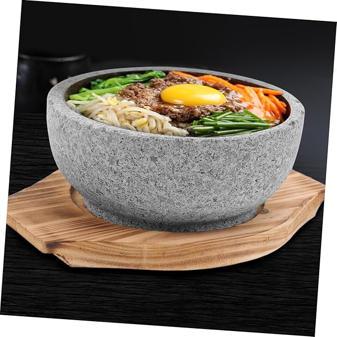 ABOOFAN Large Korean Stone Pot Bowl Deep Bibimbap Bowl Korean Style Serving Natural Stone Carbonized Wood Trivet