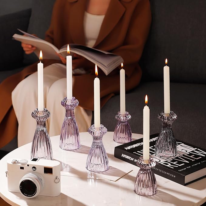 Lysenn Glass Candle Stick Holder Set of 3 – Premium Taper Candle Holders for Romantic Ambiance - Candle Sticks Holder Decor for Special Occasions - Smoke Gray