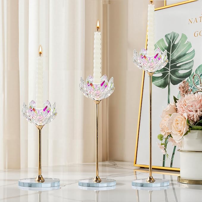 6pcs Crystal Candle Holders, Lotus Flower Candlestick Holders with Mirror Base, Metal Stand, Elegant Table Centerpieces for Home Decor, Wedding, Party (Taper Candle)