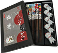 Wooden Chopsticks Reusable 5 Pairs Gift Set with 5pcs porcelain rest Lucky Cat Design Hand-Made 8.8 Inch/22.5cm