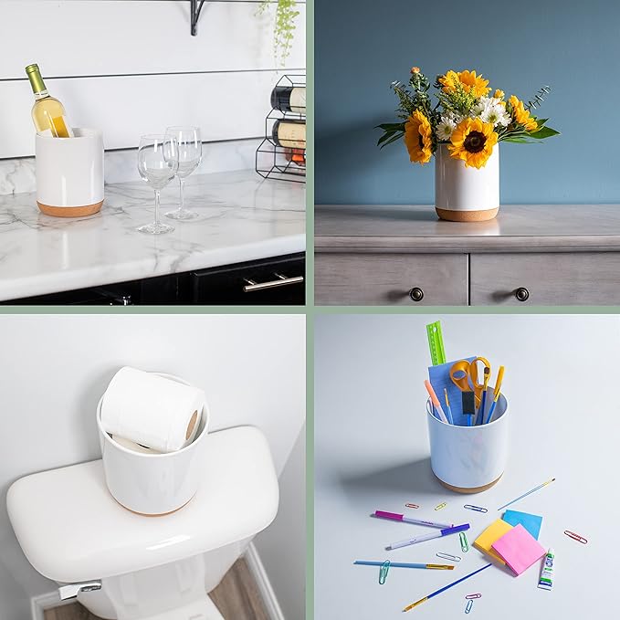 Elanze Designs Glossy X-Large Ceramic Stoneware Cork Bottom Kitchen Utensil Holder, White