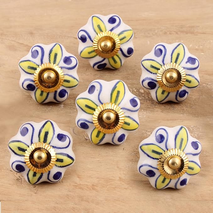 NOVICA Artisan Handmade Ceramic Cabinet Knobs Floral Yellow White Set of 6 India Metal Decor Accessories Decorative Hardware Painted Garden Party Bohemian [ 3.1in H x 2in W x 1.2in D Screw Length 1.6]