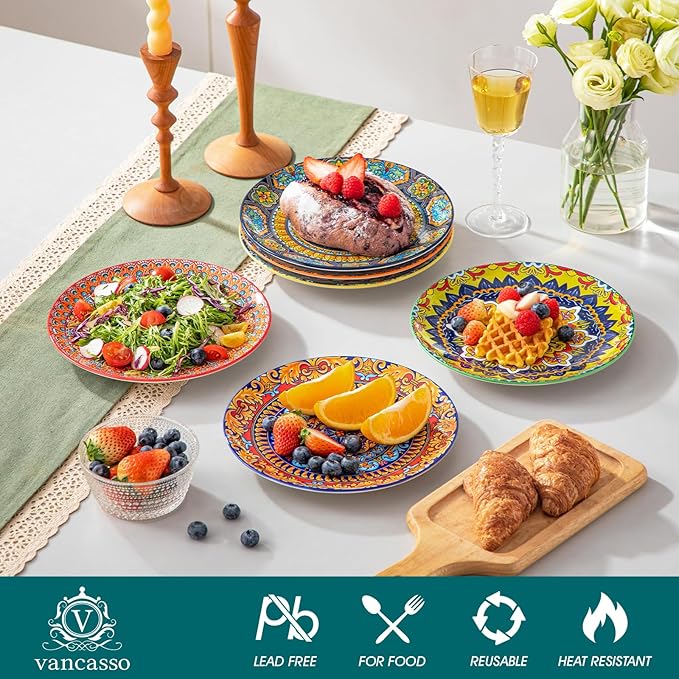 vancasso Colorful Dessert Plates Set of 6, 8.5 Inch Ceramic Salad Plates, Boho Small Dinner Plates, Bohemian Printed Kitchen Plate for Breakfast, Microwave & Dishwasher Safe Dishes, Series KRVI