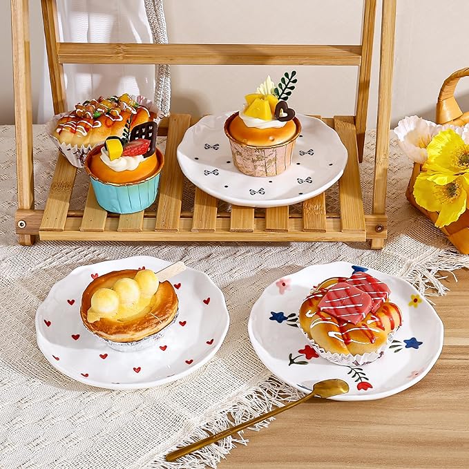 Koythin Ceramic Dessert Plates, Cute Fruits Dinner Plate, Creative Plates Design, Printed Flowers Dinnerware for Office and Home, Kitchen Plates for Desserts (White Floral)