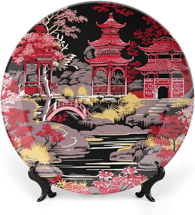 China Plates Chinoiserie Charcoal Coral Pagoda Asian Personalized Decor for Club Housewarming Gifts Festival Household Dinner Plates with Display Stand And Hook Up, Multi Sizes, Gifts for Men Women