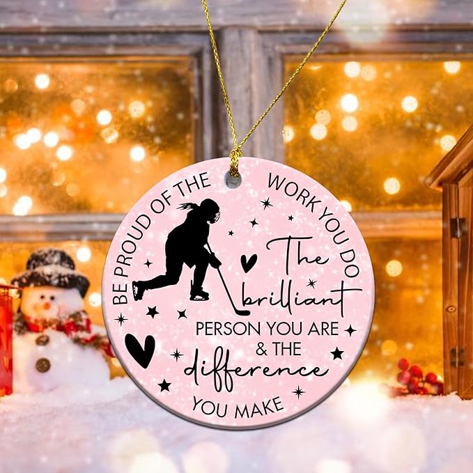 Ice Hockey Christmas Ornament -Round Ceramic 3", Holiday Tree Decoration Keepsake, Hockey Player Christmas Gifts for Girls