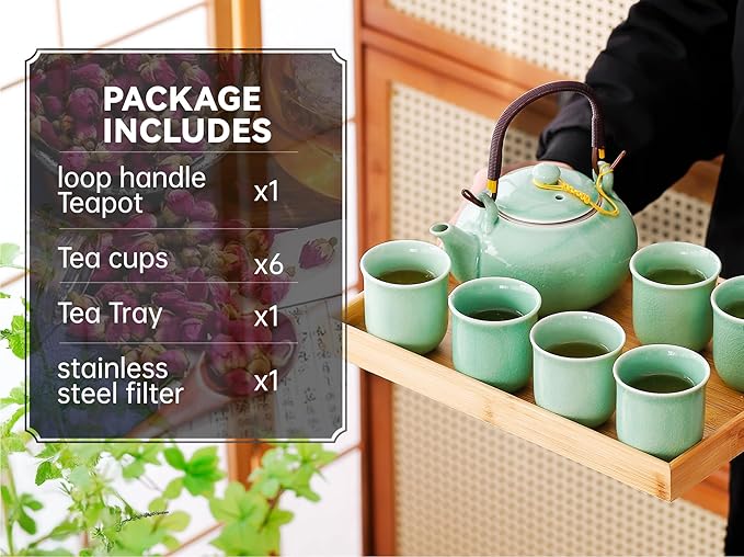 Japanese Tea Set for Adults, Japanese Gongfu Tea Set with 1 Teapot (23.5oz/700ml), 6 Tea Cups(4oz/120ml), Tea Tray & Stainless Infuser, Japanese Teapot Set Tea Gift Set (Kiln Mint Green)